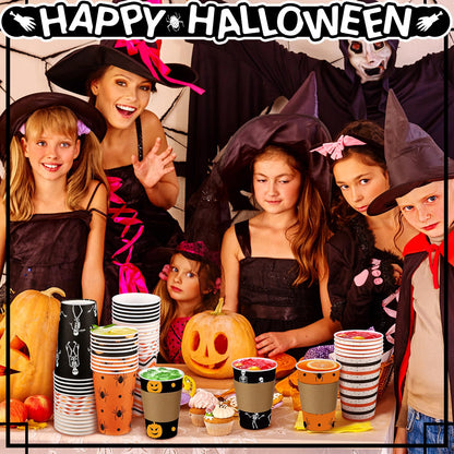 Sosation 90 Pcs/ 30 Sets Halloween Disposable Coffee Cups with Lids and Sleeves 16 oz Pumpkin Spider Skeleton Paper Cups for Hot Chocolate Beverage Tea Halloween Party Decoration