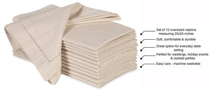 Hausattire Cloth Dinner Napkin Flax Fall Hemstitched Mitered Corner 20x20 Inch Natural Easter Basket Decor Soft Durable Table Linen Napkins Ideal, Cocktail Parties