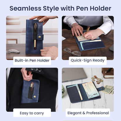 TheAntiq Leather Checkbook Cover with Pen Loop, Full Grain Check Book Holder Wallet for Personal & Duplicate Checks, Slim Money Organizer for Men & Women- Blue
