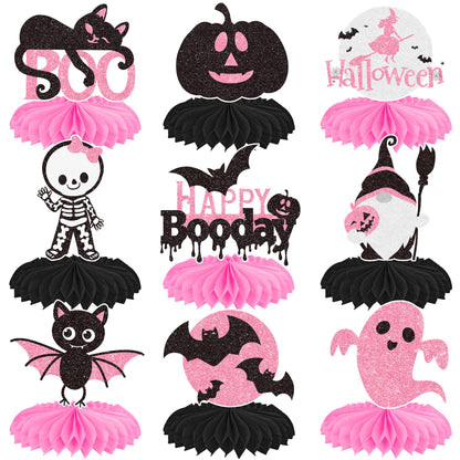 Halloween Happy Boo Day Honeycomb Centerpieces 12PCS Pink Black Little Boo Baby Shower Decorations Halloween Birthday Party Table Centerpieces Ghost Pumpkin Decor for Gender Reveal Suuplies