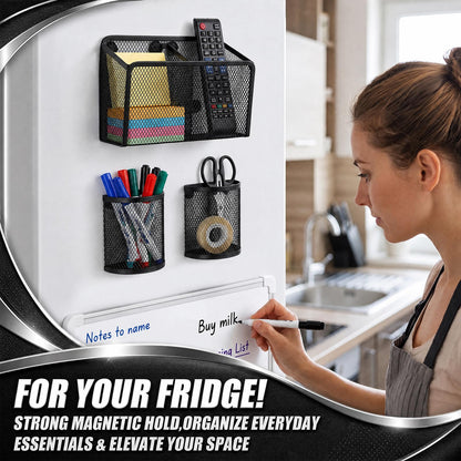 Marspark 3 Pcs Magnetic Pen Holder Set Metal Pencil Holder with Strong Magnets Wire Mesh Storage Basket Organizer for Locker Accessories Whiteboard Refrigerator School Office Dorm (Black)