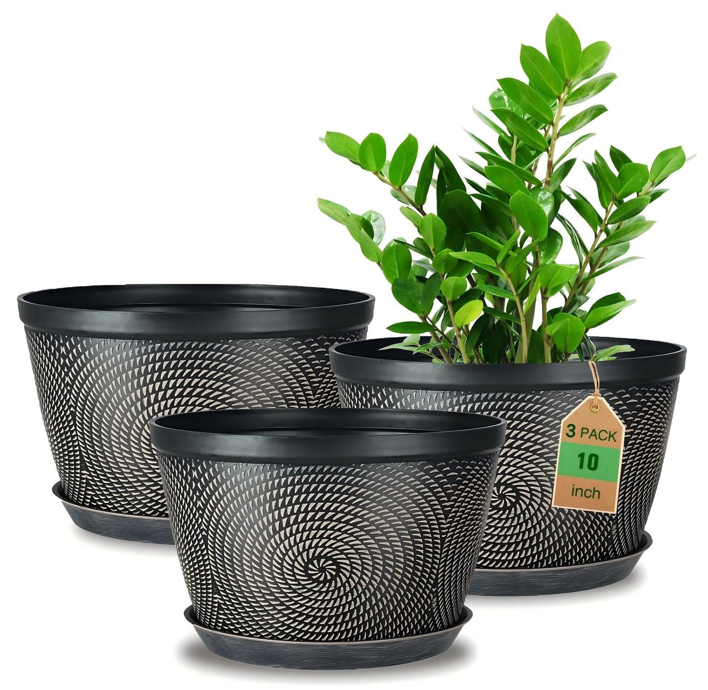 Quarut 10 Inch Flower Pots for Outdoor Indoor, 3 Pack Plastic Plant Pots with Drainage Hole & Tray, Modern Decorative Garden Pot with Saucer, planters for House (Brown)