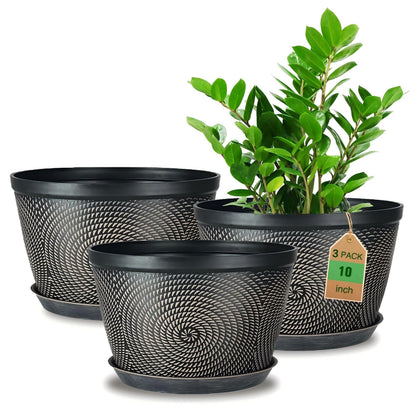 Quarut 10 Inch Flower Pots for Outdoor Indoor, 3 Pack Plastic Plant Pots with Drainage Hole & Tray, Modern Decorative Garden Pot with Saucer, planters for House (Brown)