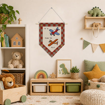 RUKUPA Airplane Nursery Wall Art Decor, Kids Playroom Hanging Pennant Flag, Airplane Aviation Retro Red Checkered Wall Art Poster Hanger for Kids Boys Nursery Room Playroom Bedroom Decor, 11x15 Inch