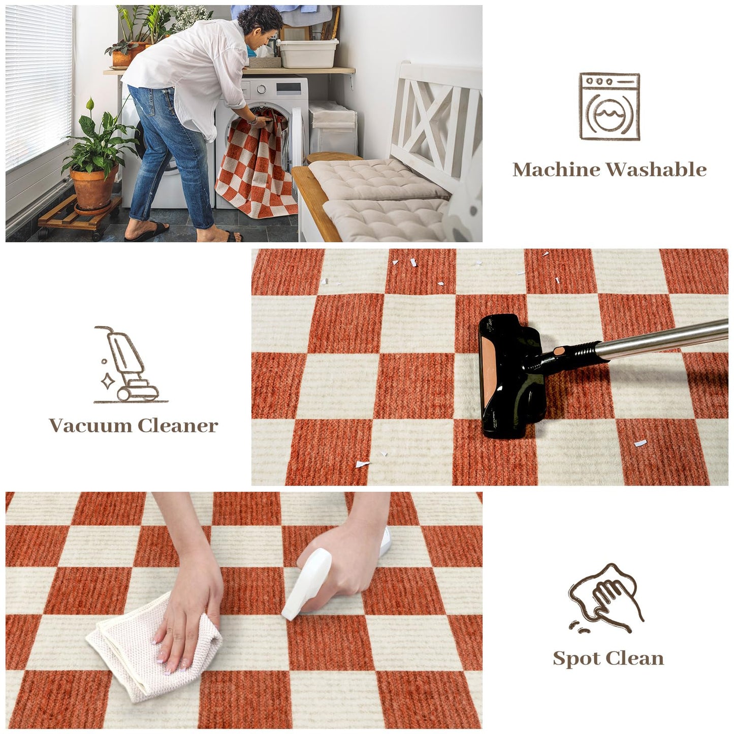 Machine Washable 5x7 Area Rugs for Living Room Checkered, Non Slip Soft Low Pile Farmhouse Halloween Modern Neutral Playroom Boys Rugs for Bedroom, Large Carpet Rugs for Dining Room(Orange,5'x7')