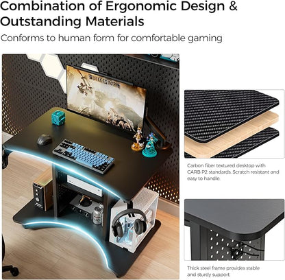 EUREKA ERGONOMIC Gaming Desk Computer, 37" Rolling Desk on Wheels for Small Space, Mobile Computer Cart with Pegboards Adjustable Shelves for Gaming PS Switch Home Office - Black