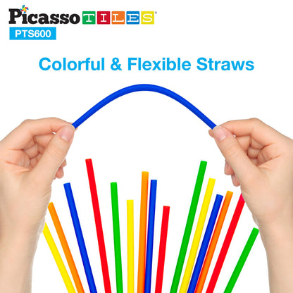 PicassoTiles 600pc Construction Toy Straw Building Set Children STEM Learning Interlocking Building Toys Creative Straw Connecting Builder Kits Early Education Kit for Kids Boys & Girls Ages 3+ PTS600