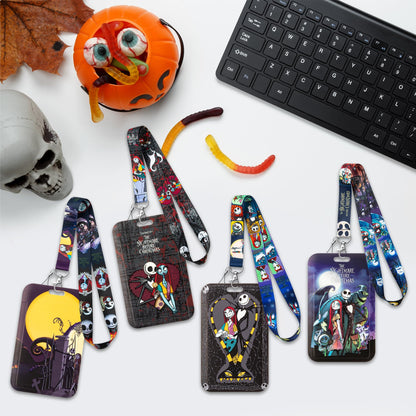 C1krint Halloween Lanyard Card Holders - 4 Set Cartoon Skull Neck Lanyard Strap with ID Badge Holder Horror Jack and Sally Christmas Card Case for Halloween Nurse Students Teachers Office Staff Supply