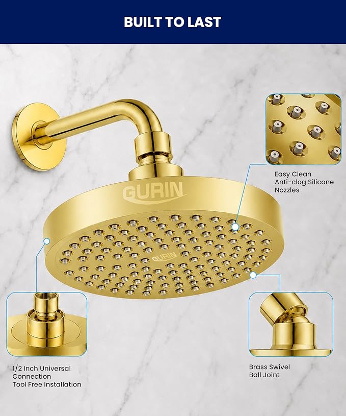 GURIN Shower Head - Powerful High Pressure Rain Shower Head 6 Inch - Luxury Rainfall Showerhead with Adjustable Angles, 90 Anti-Clog Nozzles, Tool-Free 1-Min Install, Premium Gold Plated Finish