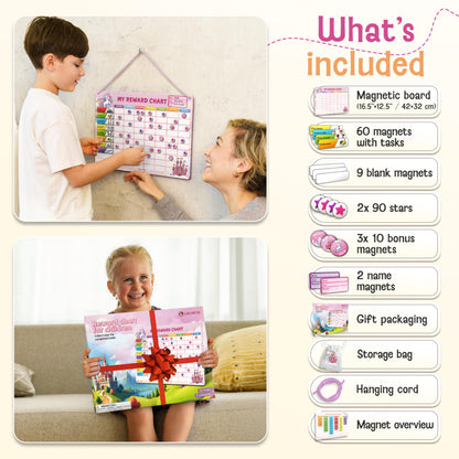 LIKARTO Magnetic Reward Chart for Kids with 280 Magnets - Behavior Chart for Kids at Home - Responsibility Reward Chart - Chore Chart - Visual Schedule - Ideal for Ages 3-9, Autism, ADHD - Pink