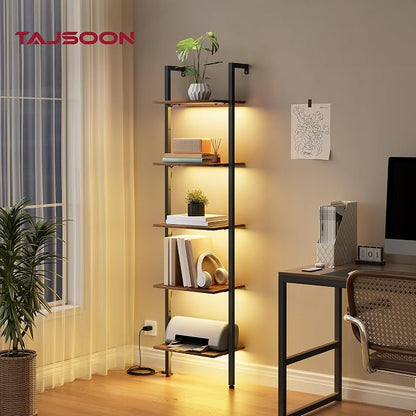Tajsoon 5-Tier Ladder Shelf with LED Light, Wall Mounted Ladder Bookshelf with Metal Frame, Wall Ladder Bookshelf for Living Room, Bedroom, Office, Rustic Brown