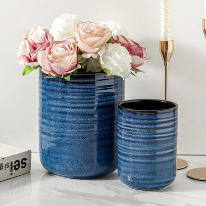 HASENSE Large Ceramic Utensil Holder, 7.4" Kitchen Utensil Crock for Countertop, Modern Farmhouse Utensil Organizer Caddy for Cooking Utensil Set, Blue Kitchen Decor