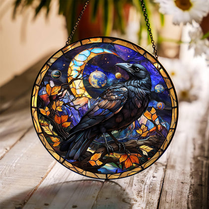 FIVITY 7.8'' Dark Crow Suncatcher Stained Glass Window Hanging Creepy Raven Ornament Wall Home Room Kitchen Decor Gothic Sun Catcher Gifts for Teens Adults Birthday Halloween Christmas Fall Holiday