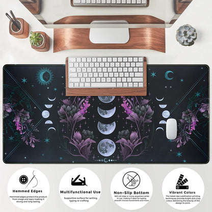 Celestial Moon Phases Mouse Pad Large Purple Desk Mat Forest Extended Gaming Mousepad Violet Teal Desk Pad XXL 31.5 x 15.7 in Laptop Computer Mouse Keyboard Mat for Office Desk Decor