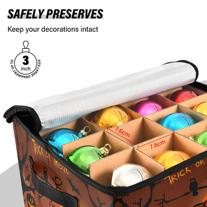 YETTASBIN Halloween Pumpkin Large Christmas Ornament Storage Box with Zipper & Adjustable Dividers, Storage Container with Lid & Handles for 64 Holiday Ornaments 3-Inch, 13 x 13 Inch