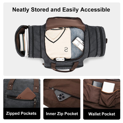 EKOROMIER Large Canvas Travel Duffle Bag - Expandable to 70L, Durable Weekender for Men & Women - Ideal for Airplanes Travel, Gym, and Business(Dark Grey)