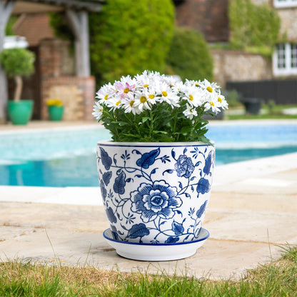 HakkaGirl 8 inch Ceramic Planters for Indoor Plants, Chinoiserie Decor Ceramic Pots for Plants Flower Plant Pots Indoor with Drainage and Saucer, Blue and White