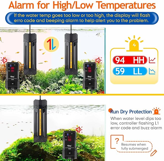 hygger 800W Aquarium Heater with Controller, Adjustable & Submersible Fish Tank Heater with Digital Display Safety Triple Protection Beeping Alarm for Saltwater and Freshwater 80-220 Gallon