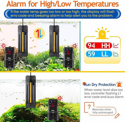hygger 800W Aquarium Heater with Controller, Adjustable & Submersible Fish Tank Heater with Digital Display Safety Triple Protection Beeping Alarm for Saltwater and Freshwater 80-220 Gallon