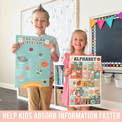 Hadley Designs 4 Alphabet, Map of United States, World Map, & Solar System Posters - Laminated ABC Charts for Toddlers Wall Decor, Retro Posters for Kindergarten, Prek Classroom or Homeschool 11x17