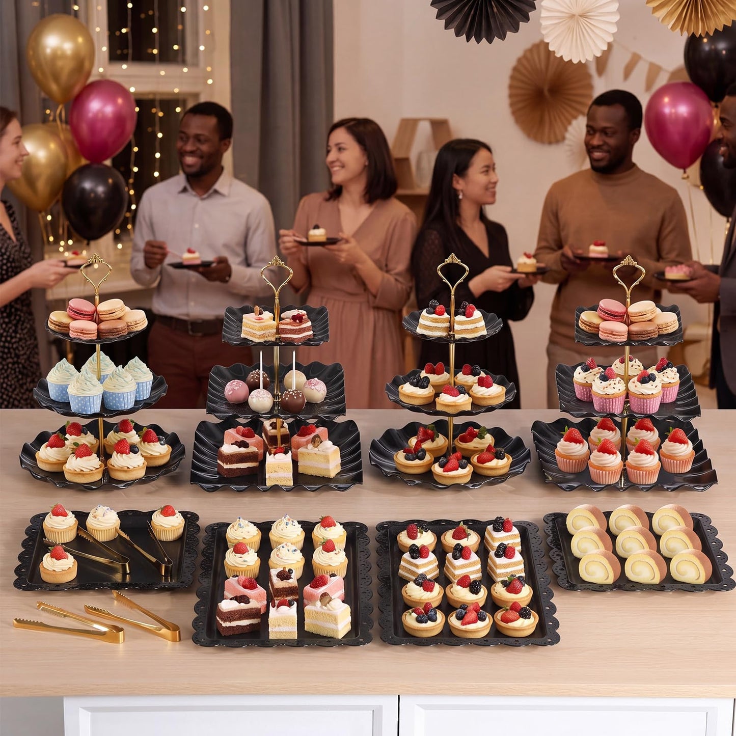 Remerry 16 Pcs Dessert Table Display Set 3 Tier Cupcake Stands Tower Holder Plastic Cookie Serving Trays Gold Serving Tongs for Tea Party Wedding Baby Shower Birthday Table Display(Black)