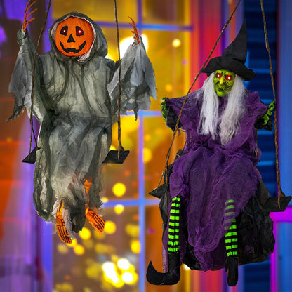 Hourleey 2 Pack Halloween Decorations Outdoor, Swinging 3.6ft Witch and Hanging 4ft Pumpkin Ghost with Lighted Eyes for Haunted House Prop Décor, Halloween Indoor