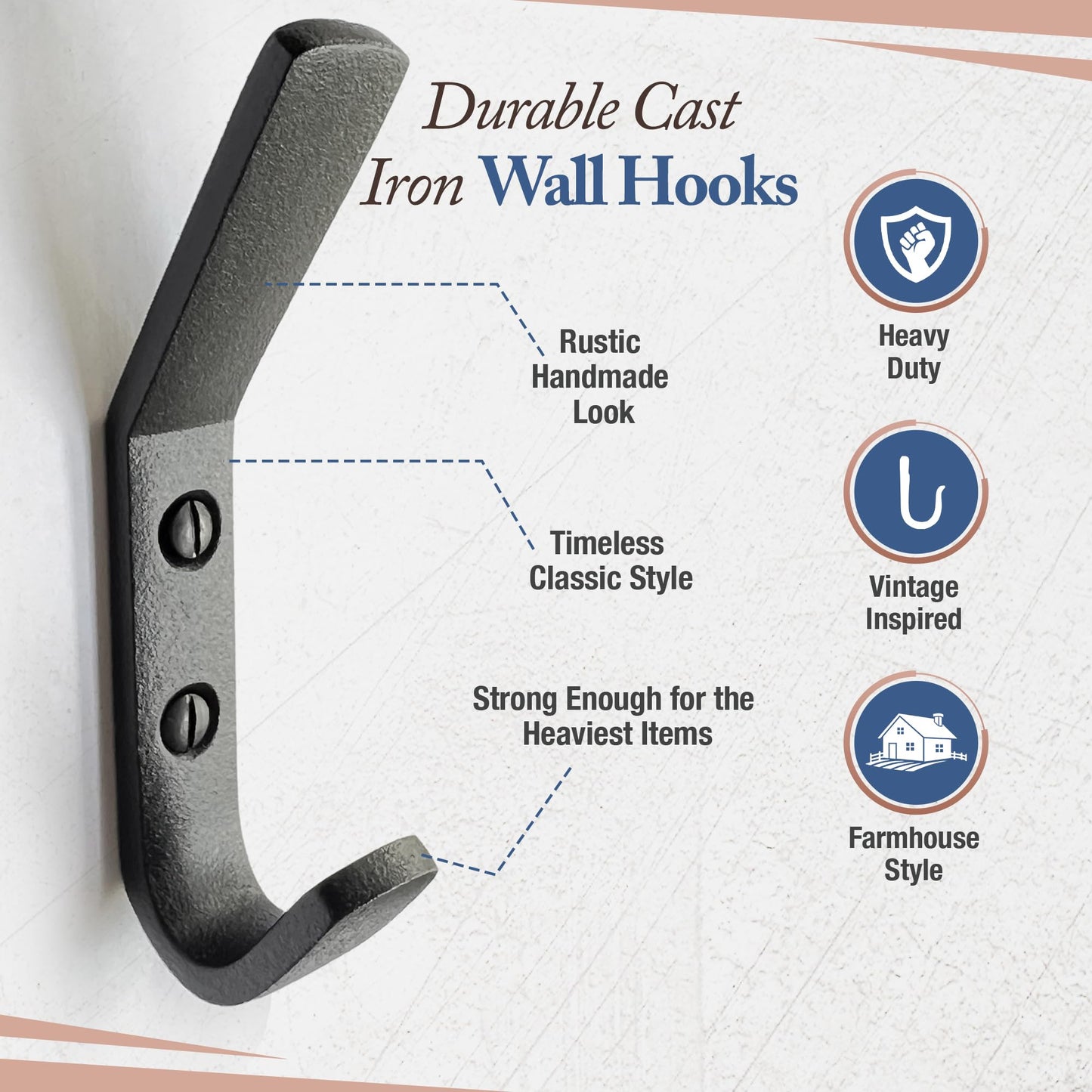 Cast Iron Coat Hook (5 Pack) Heavy Duty Modern Farmhouse Entry Wall Hooks for Hanging Coats, Bags, Jackets, Towels (Black, Includes Hardware) (Antique Black)