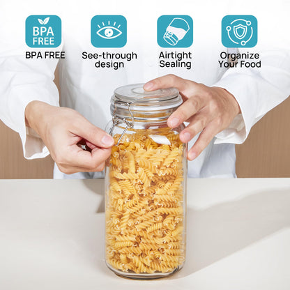 Vtopmart 78oz Glass Food Storage Jars with Airtight Clamp Lids, 3 Pack Large Kitchen Canisters for Flour, Sugar, Cereal, Coffee, Pasta and Canning, Square Mason Jars with 8 Reusable Labels