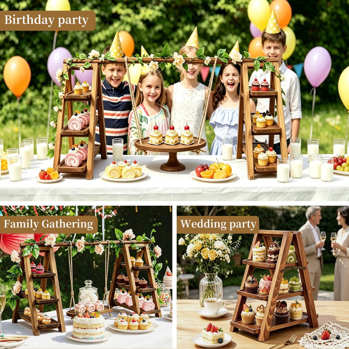 Large Wooden 3 Tier Swing Cupcake Stand with Flower Decor, Removable Trays, Foldable Ladder Display for Cake, Snacks, Fruit, Bread, Party & Catering Centerpieces