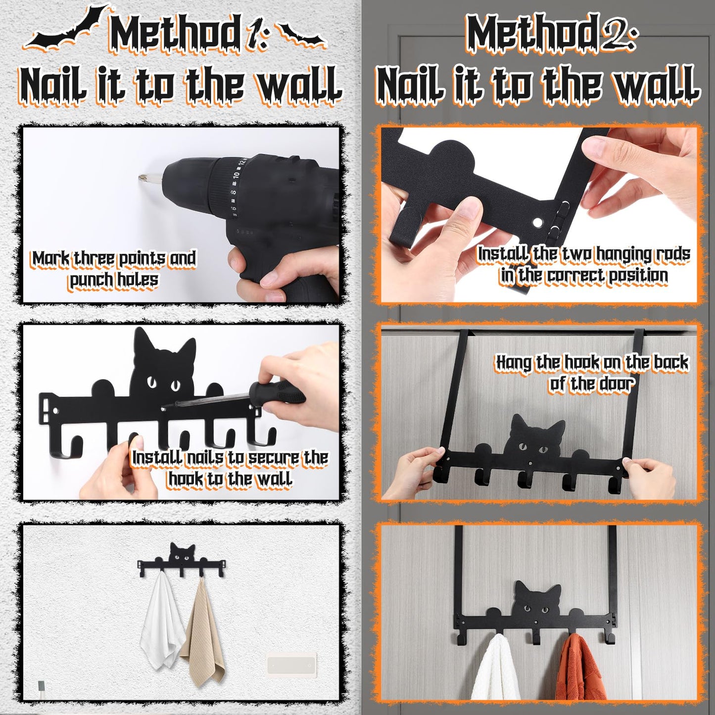 Moxweyeni Black Cat Over the Door Hooks Heavy Duty Organizer Rack for Towel Wall Mount Bathroom Decor Door Hanger Hooks for Hat Coat Cloth Keychain Bag