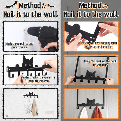 Moxweyeni Black Cat Over the Door Hooks Heavy Duty Organizer Rack for Towel Wall Mount Bathroom Decor Door Hanger Hooks for Hat Coat Cloth Keychain Bag