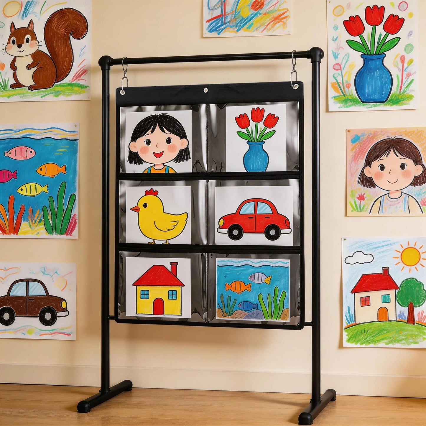 Cididu 2 Pack Pocket Chart for Classroom, Hanging Wall File Organizer with 6 Pocket, 28.3 x 24.2 In, Black Paper Storage for Cards, Drawing, Pictures, Art Display, Office, School