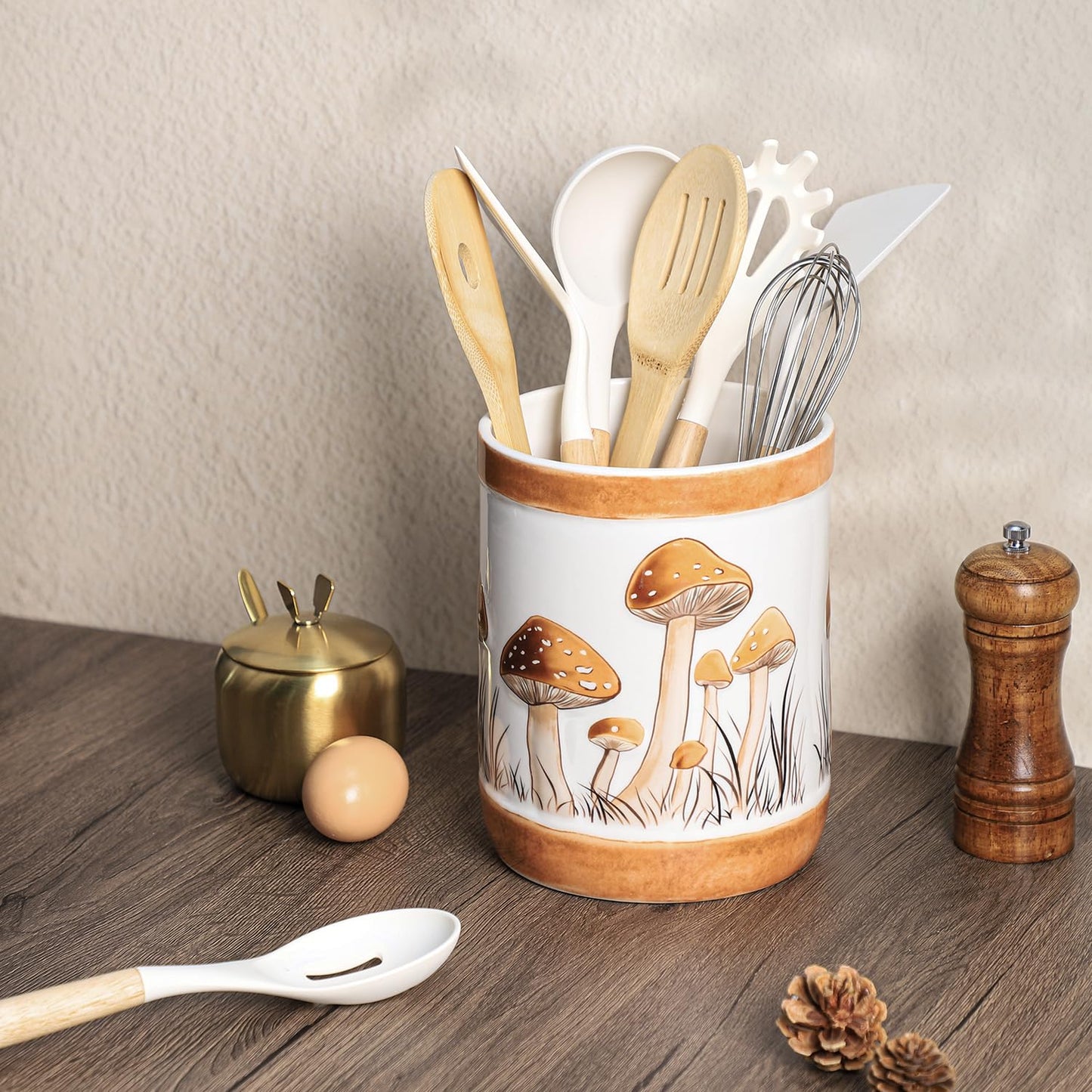 Bicuzat Brown Ceramic Mushroom Pattern Kitchen Utensil Holder, Large Cooking Utensil Crocks for Kitchen Countertop, Ceramic Utensil Organizer