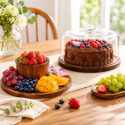 PopularLdo Acacia Wood Cake Stand with Lid - 12 Inch Magnetic Detachable Cake Stand with Dome, Shatterproof Acrylic Cover, Versatile Cake Holder & Charcuterie Board for Parties, Dessert Table Display