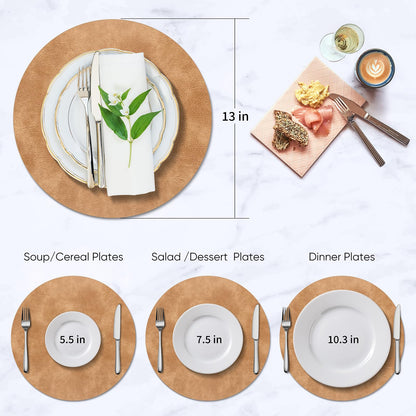ADRIMER Placemats, Heat Resistant Round Placemats Set of 12 Washable, Waterproof Table Mats, Wipeable Faux Leather Place Mats for Kitchen, Dining Room, Camel