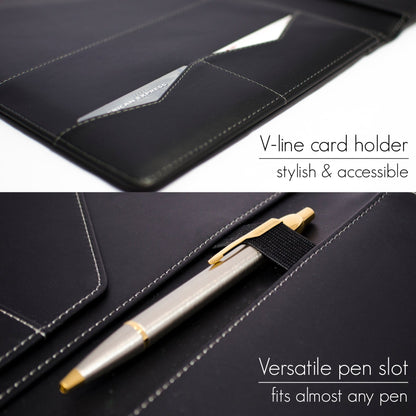 STYLIO Padfolio Portfolio Organizer Binder | Interview Resume Folder, Legal Document, Business Card Holder |w/Letter-Sized Notepad | Handsome Piano Noir Faux Leather Folio Matte Finish, Accent Stitch
