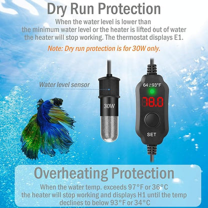 10W Mini Aquarium Heater for 1-2 Gallon Tanks | Submersible Fish Tank Heater with Digital Thermostat, Dry-Run & Overheat Protection, Memory Function