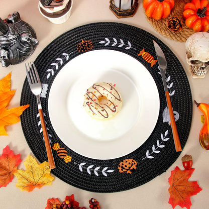 Whaline 4 Pcs Round Halloween Placemats Embroidered Place Mats Spooky Ghost Pumpkin Candy Dinner Table Mats for Home Halloween Trick or Treat Party Table Decor