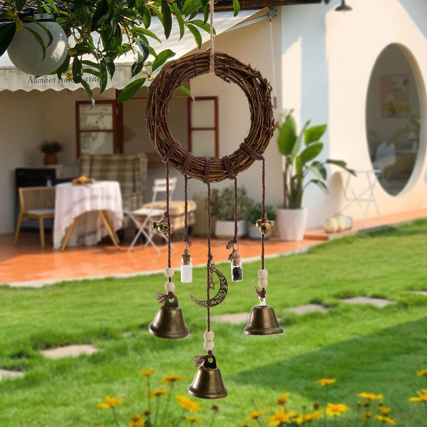 2 Pieces Witch Bells for Door Knob, Witch Wind Chimes Hanger Protection, Witchcraft Supplies Witchy Things, Magic Witching Bell Wreath Decor for Home Door Room (Black-New)