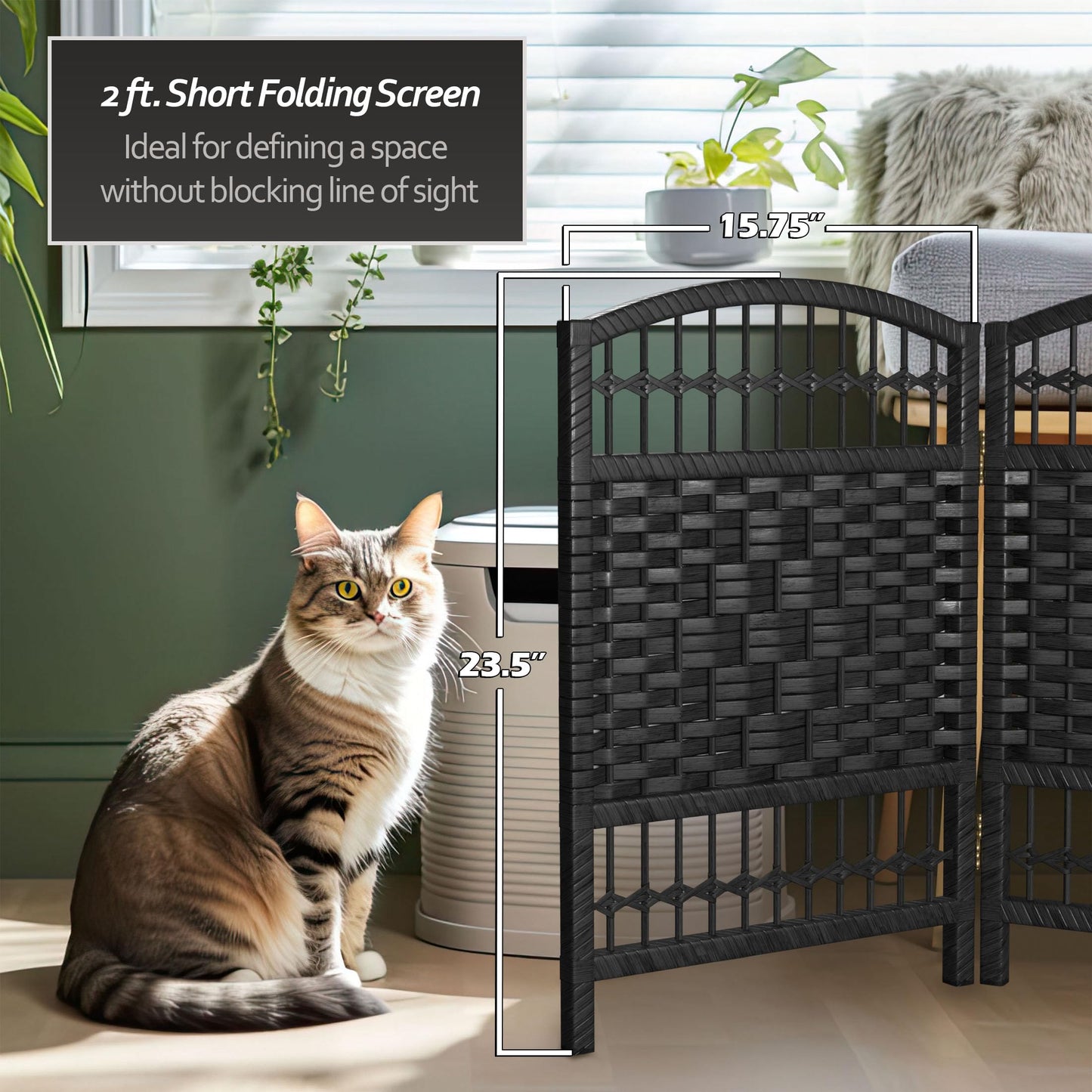 Red Lantern 2 ft. Short Fiber Weave Folding Screen - Black - 4 Panels