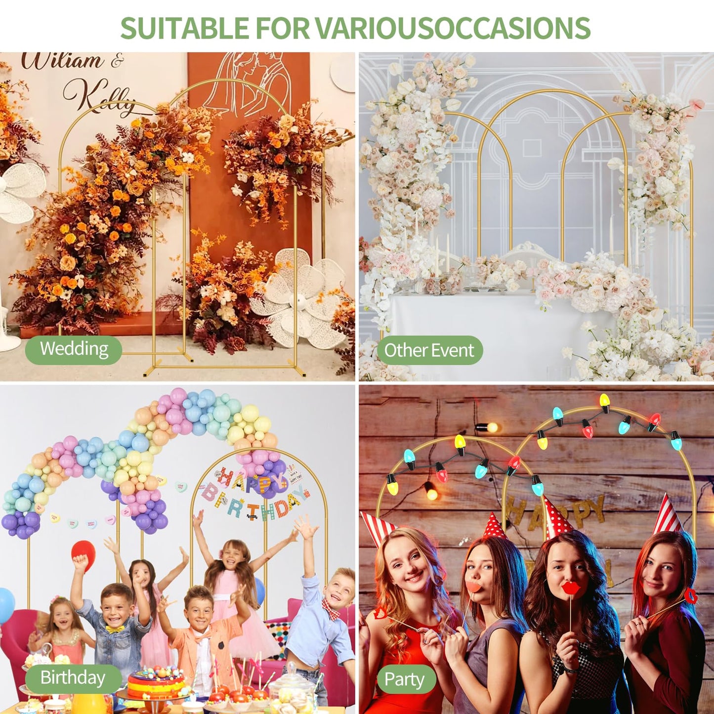 Metal Arch Backdrop Stand 7.2FT+6FT Wedding Arch Backdrop Stand Set of 2 Gold Arch Backdrop Stand for Valentines Day Party Wedding Ceremony Baby Shower Birthday Floral Balloon Decration