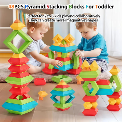 WSKC 48 PCS Building Block Stacking Toys Kids 3 4 5 6 Year Old, Educational STEM Toys for Boys Girls, Developmental Learning Sensory Gifts for Birthdays