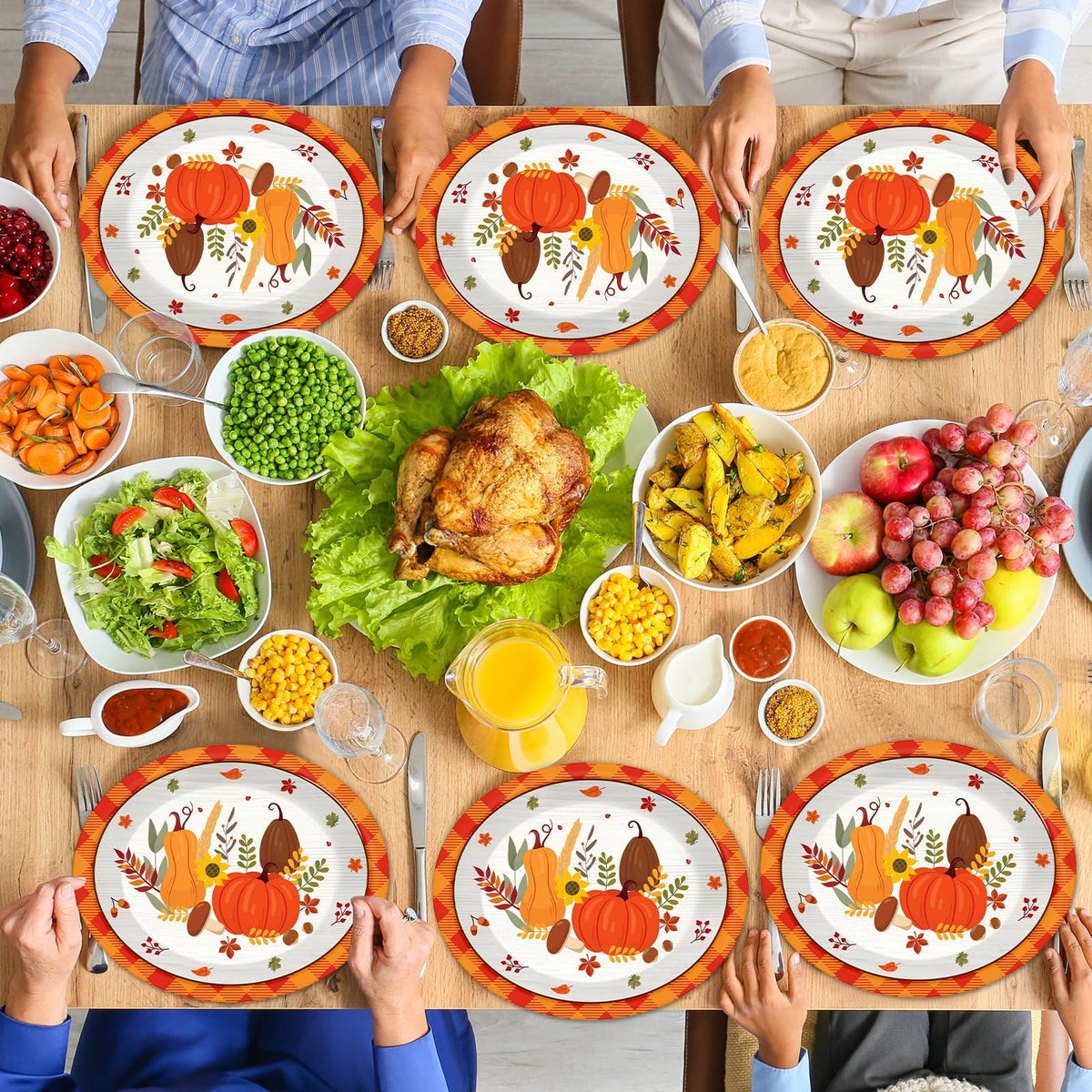QOUBAI 50Pcs Thanksgiving Fall Oval Plates 11 Inch Large Autumn Pumpkin Maple Leaves Disposable Paper Plate Orange Plaid Platter Dish Tray Tableware Dinnerware Fall Harvest Party Decoration Supplies