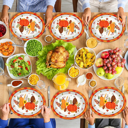 QOUBAI 50Pcs Thanksgiving Fall Oval Plates 11 Inch Large Autumn Pumpkin Maple Leaves Disposable Paper Plate Orange Plaid Platter Dish Tray Tableware Dinnerware Fall Harvest Party Decoration Supplies