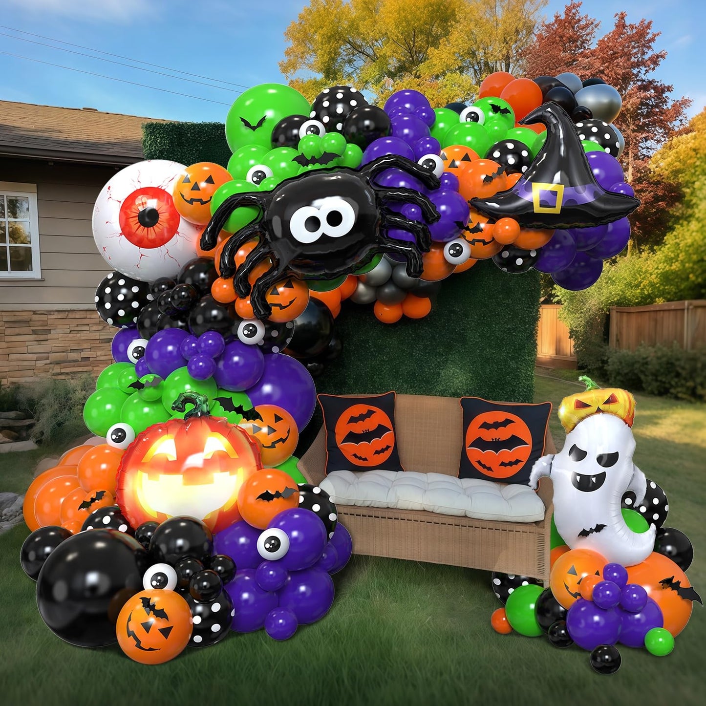 Halloween Balloon Arch Kit,137Pcs Orange Black Green Purple Balloon Garland with 3D Bat Stickers,Pumpkin,Witch Hat,Spider,Ghost,Eyeball Foil Balloons for Halloween Spooky Birthday Party Decorations