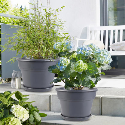 Myfeegoin 10-inch-Plant-Pots-Indoor-Outdoor, 4 Pack Plastic Planters with Drainage Holes & Saucers, Resin Flower Pots with Trays, Classic Garden Pot Container for House