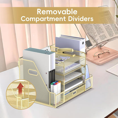 SUPEASY Mesh Desk Organizer with File Holder, 5-Tier Paper Letter Tray Organizer with Magazine Holder, Desktop Organizer and Storage with Drawer for Office Supplies Home or School, Gold