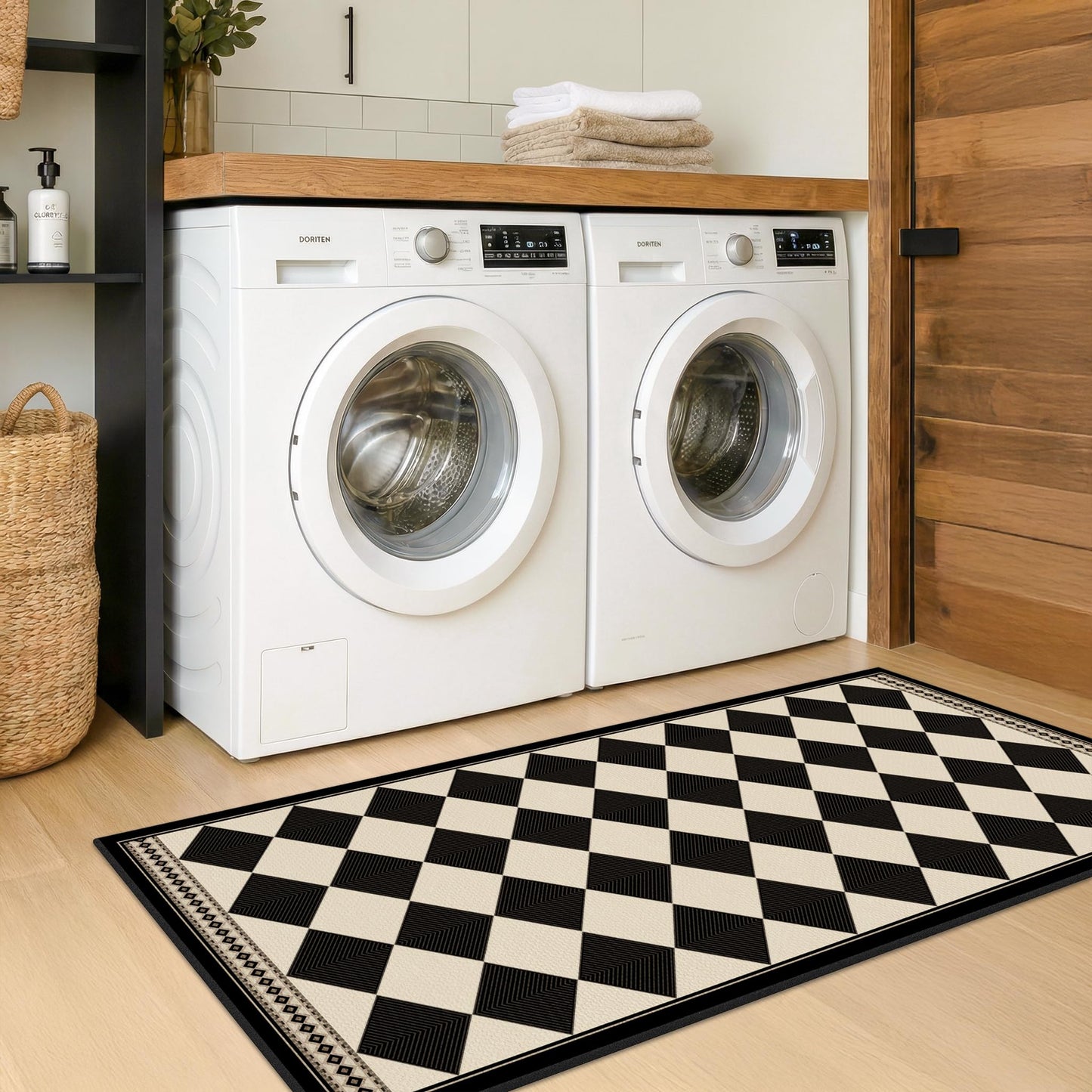 Black and White Checkered 2x5 Easy Jute Laundry Room Rug Runner, Laundry Floor Mat, Washable Non Slip Diamond Boho Carpet for Entryway, Bathroom, Kitchen, Checkerboard Modern Farmhouse Mat