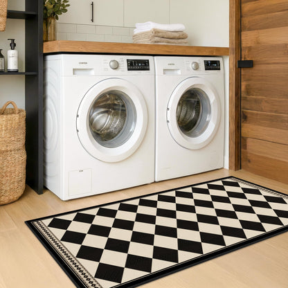 Black and White Checkered 2x5 Easy Jute Laundry Room Rug Runner, Laundry Floor Mat, Washable Non Slip Diamond Boho Carpet for Entryway, Bathroom, Kitchen, Checkerboard Modern Farmhouse Mat