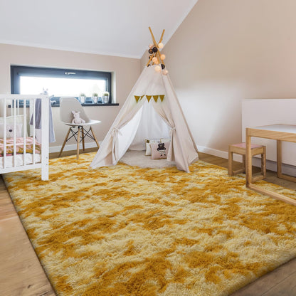 Hutha 4x6 Large Area Rugs for Living Room, Super Soft Fluffy Modern Bedroom Rug, Tie-Dyed Orange Yellow Indoor Shag Fuzzy Carpets for Girls Kids Nursery Room Home Decor